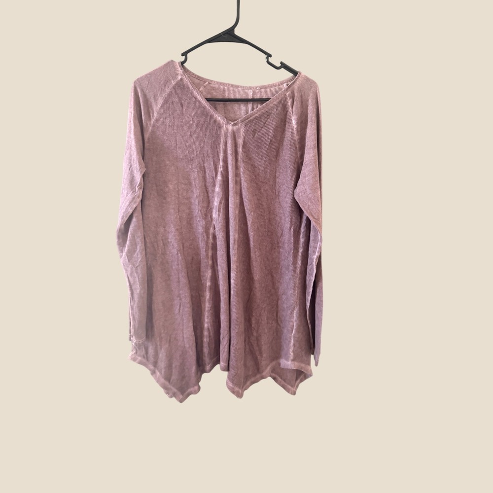 Boho Mauve Waffle Knit Thermal V-Neck Handkerchief‎ Hem Tunic Top S